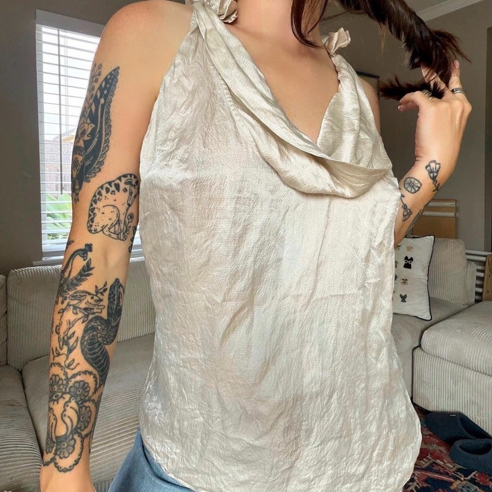 White House Black Market 100% Silk Cowl Neck Tank Top in Champagne sz M